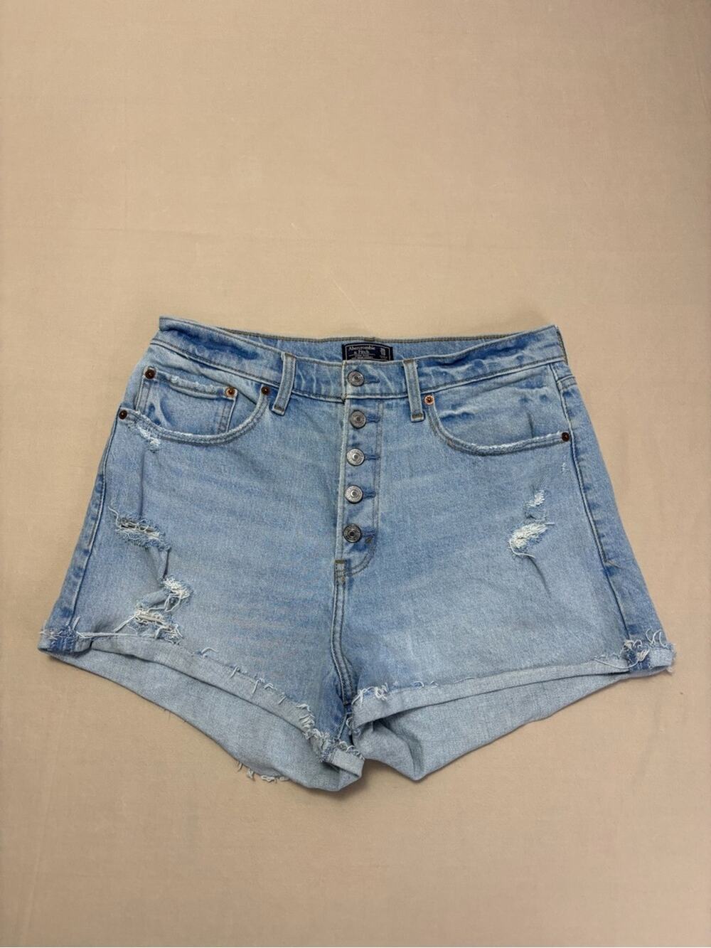 Abercrombie & Fitch Mom Short Light Blue Distressed High-Rise Denim Shorts 10